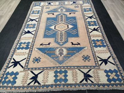 Blue Wool Rugs 6.8 x 10 Vintage Hand Made Rug, Oushak Rug, Turkish Rug, Farmhouse Rug Vintage Rug, Wool rug Oriental Rug 7x10 rug