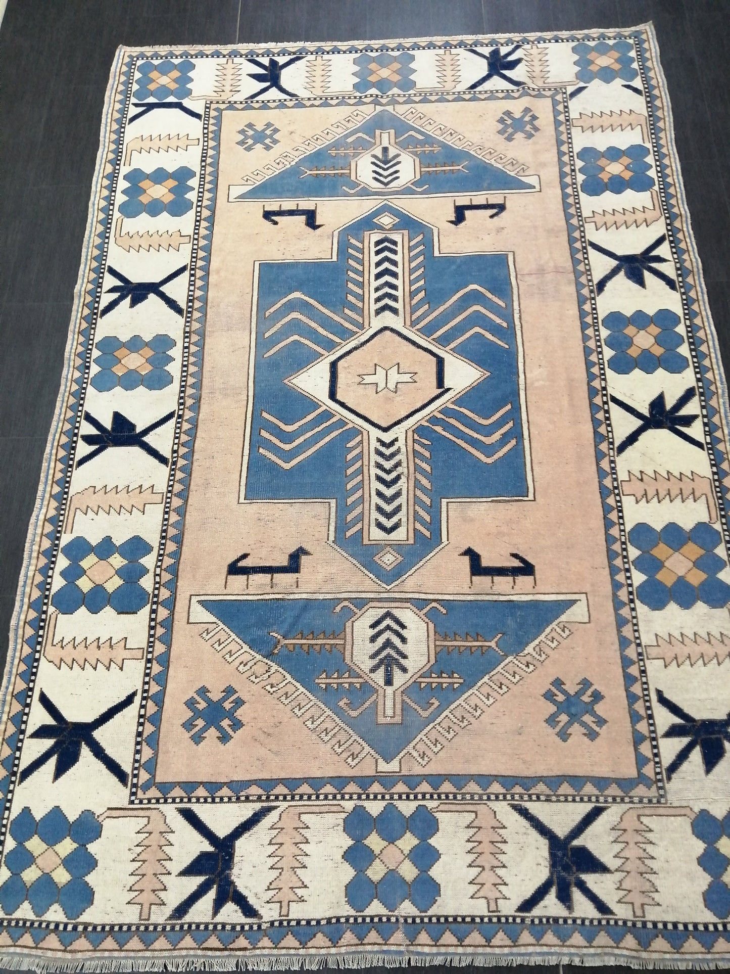 Blue Wool Rugs 6.8 x 10 Vintage Hand Made Rug, Oushak Rug, Turkish Rug, Farmhouse Rug Vintage Rug, Wool rug Oriental Rug 7x10 rug
