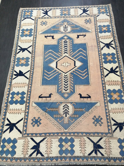 Blue Wool Rugs 6.8 x 10 Vintage Hand Made Rug, Oushak Rug, Turkish Rug, Farmhouse Rug Vintage Rug, Wool rug Oriental Rug 7x10 rug