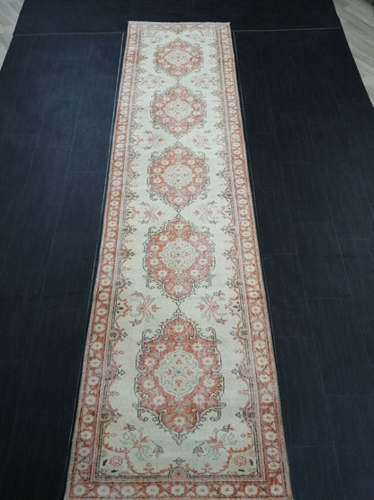 Distressed Oushak Runner 11.9 x 3 Muted  Vintage Runner Rug Hallway Runner Rug Kitchen Runner Rug Wool Runner Rug Wool Oushak Rug