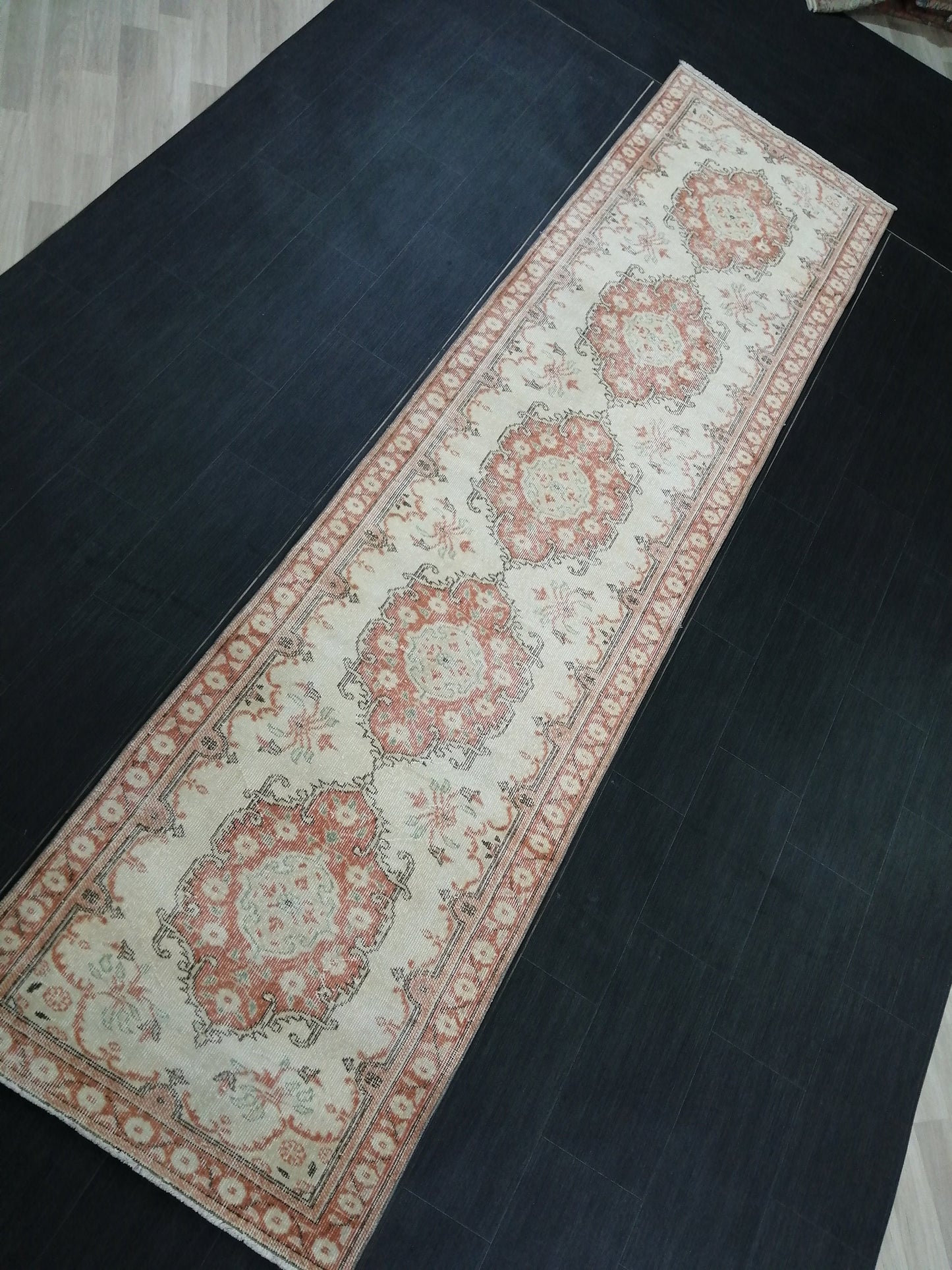 Distressed Oushak Runner 11.9 x 3 Muted  Vintage Runner Rug Hallway Runner Rug Kitchen Runner Rug Wool Runner Rug Wool Oushak Rug