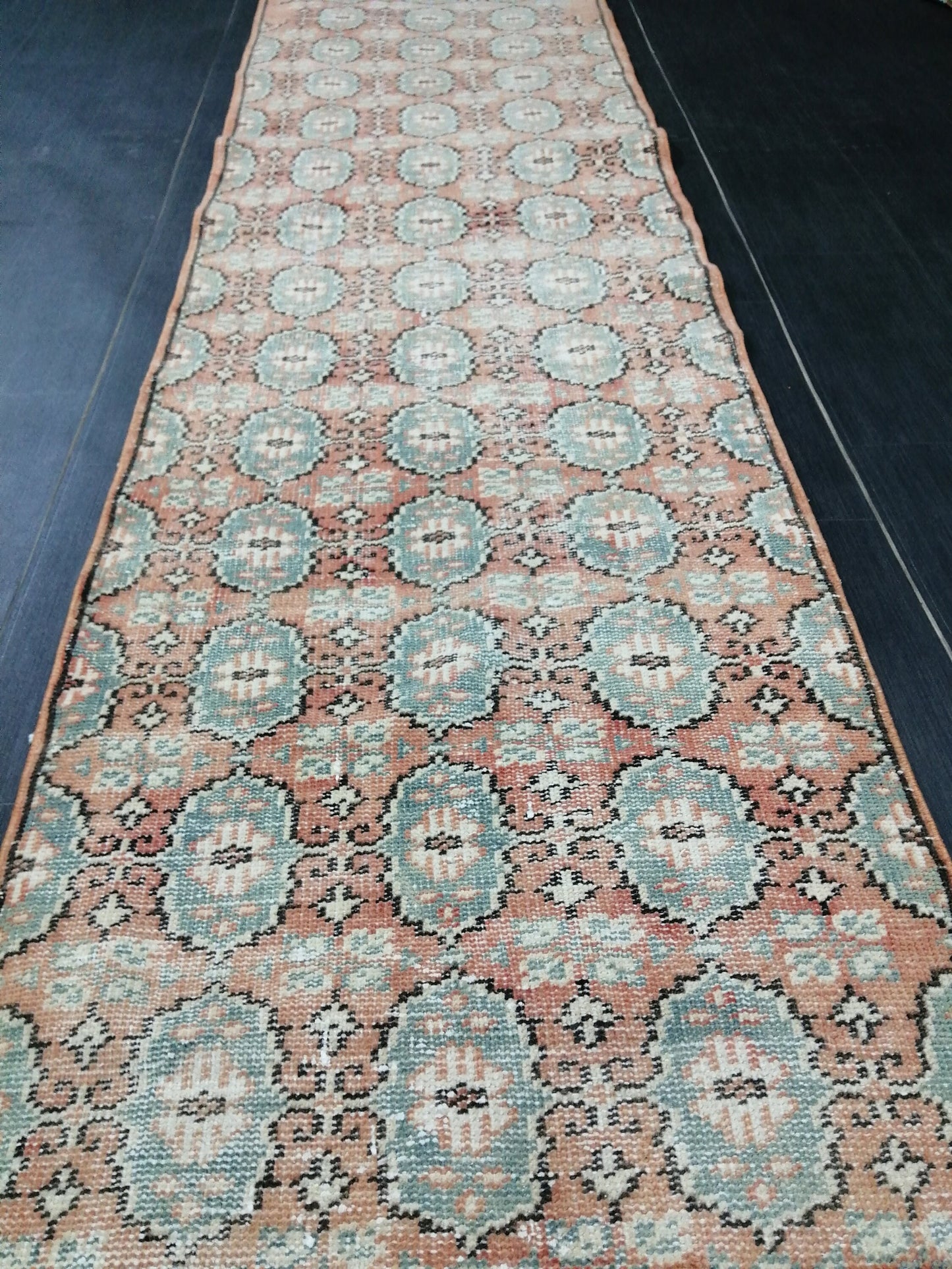 Muted Oushak Runner Rug 2.7 x 9.4 Distressed Runner Rug Vintage Runner Rug Hallway Runner Rug Kitchen Runner Rug Wool Runner