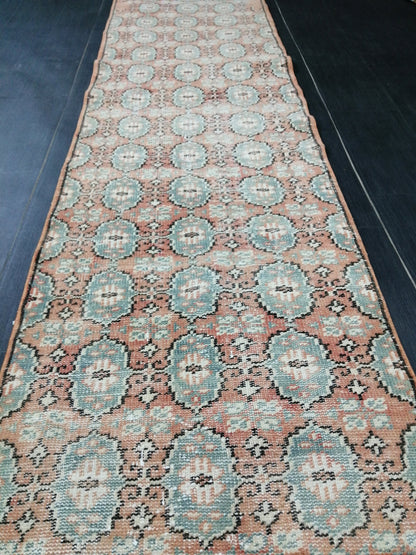 Muted Oushak Runner Rug 2.7 x 9.4 Distressed Runner Rug Vintage Runner Rug Hallway Runner Rug Kitchen Runner Rug Wool Runner