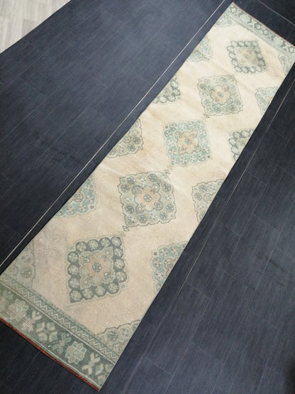 Muted Oushak Runner Rug 10.7 x 2.6 Muted Vintage Runner Rug Hallway Runner Rug Kitchen Runner Rug Wool Runner Rug Wool Oushak Rug