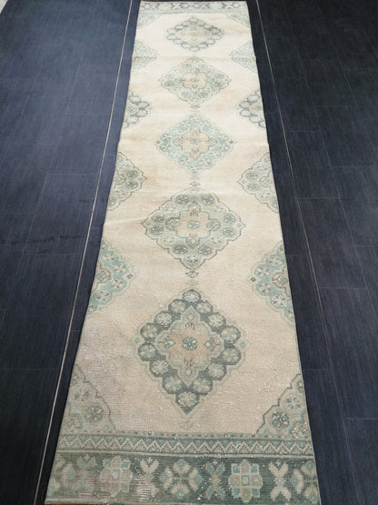 Muted Oushak Runner Rug 10.7 x 2.6 Muted Vintage Runner Rug Hallway Runner Rug Kitchen Runner Rug Wool Runner Rug Wool Oushak Rug