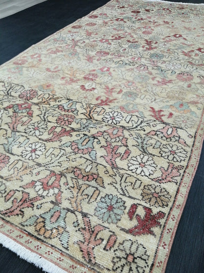 Floral Vintage Rug 4.3 x 9 OUSHAK RUG TURKISH Oushak Rug Vintage Wool Oushak Rug Hand Made Rugs Vintage Turkish Rug