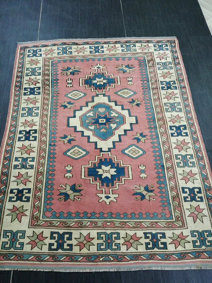 Pink and Blue 7.2 x 5.5 Vintage Oushak Rug Vintage Rug Livingroom Rug Wool Hand Made Rugs Vintage Turkish Rug