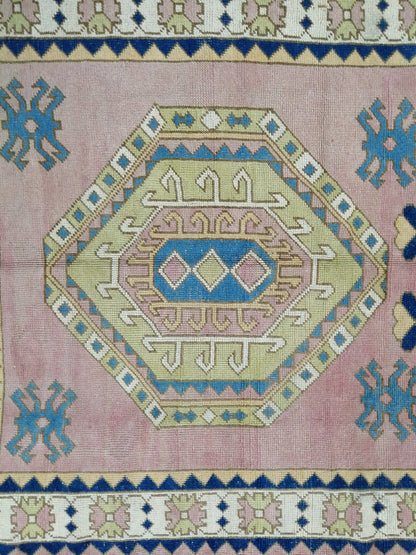 Pink and Blue Vintage RUG 9 x 6 TURKISH Rug Vintage Oushak Rug Vintage Rug Wool Oushak Rug Hand Made Rugs Vintage Turkish Rug