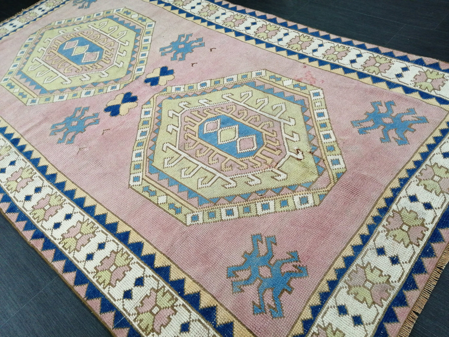 Pink and Blue Vintage RUG 9 x 6 TURKISH Rug Vintage Oushak Rug Vintage Rug Wool Oushak Rug Hand Made Rugs Vintage Turkish Rug