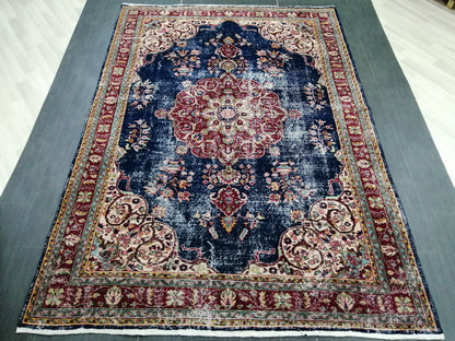 Blue Floral Rug Distressed Vintage Rug 9.9 x 6.9 Vintage Rug Wool Oushak Rug Hand Made Rugs Vintage Turkish Rug