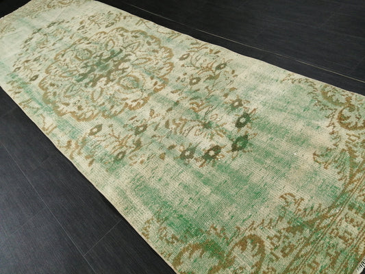 Green Oushak Runner Rug  2.9 x 9.2 Distressed Turkish Rug Runner  Vintage Runner Rug Hallway Runner Rug Kitchen Runner