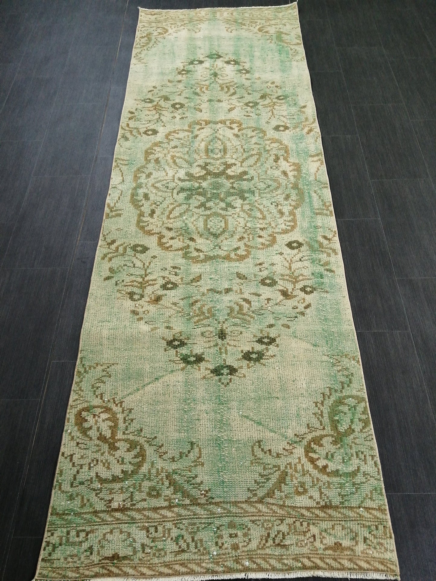 Green Oushak Runner Rug  2.9 x 9.2 Distressed Turkish Rug Runner  Vintage Runner Rug Hallway Runner Rug Kitchen Runner