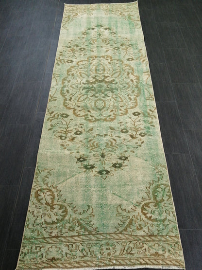Green Oushak Runner Rug  2.9 x 9.2 Distressed Turkish Rug Runner  Vintage Runner Rug Hallway Runner Rug Kitchen Runner