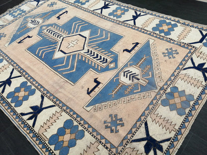 Blue Wool Rugs 6.8 x 10 Vintage Hand Made Rug, Oushak Rug, Turkish Rug, Farmhouse Rug Vintage Rug, Wool rug Oriental Rug 7x10 rug