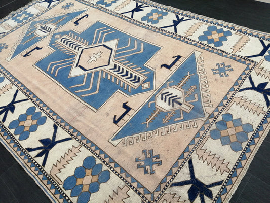 Blue Wool Rugs 6.8 x 10 Vintage Hand Made Rug, Oushak Rug, Turkish Rug, Farmhouse Rug Vintage Rug, Wool rug Oriental Rug 7x10 rug