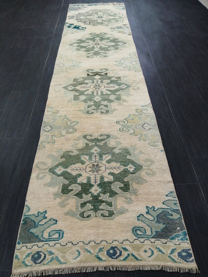 Muted Oushak Runner Rug 10.9 x 2.4 Vintage Runner Rug Hallway Runner Rug Kitchen Runner Rug Wool Runner Rug Wool Oushak Rug