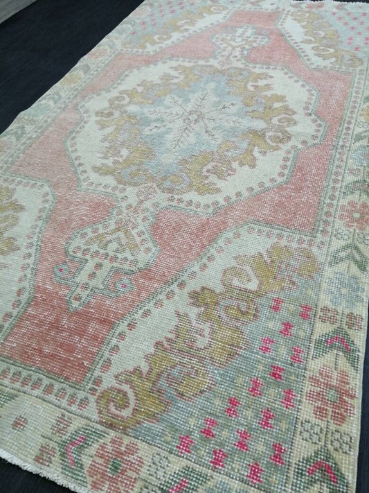3.9 x 7  OUSHAK RUG TURKISH  Muted Colors Rug Vintage Oushak Runner Rug Vintage Runner Rug Wool Rug Hand Made Rugs Vintage Turkish Rug