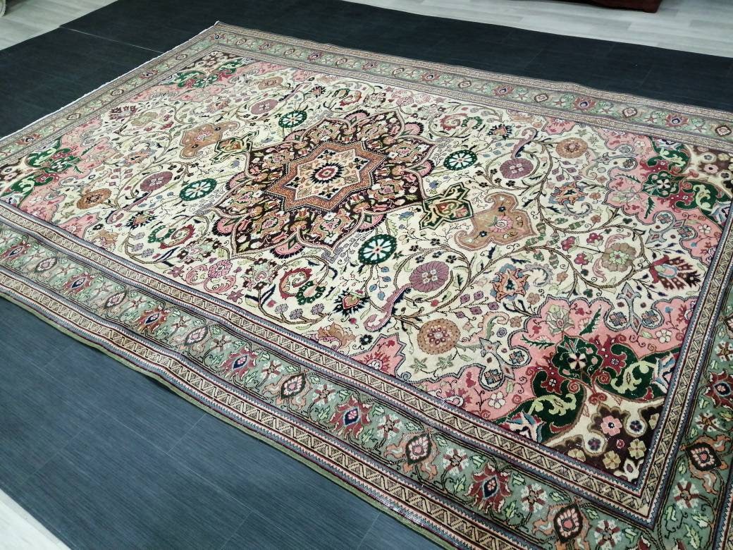 Quality Vintage Rug 6.5 x 9.6 HAND MADE Rug Muted Vintage Turkish Rug Oushak Rug Turkish Oushak Rug, Oushak Rug, Wool Rug Fine Hand Knotted