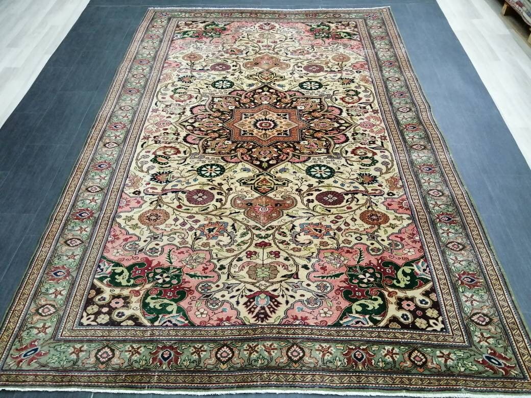 Quality Vintage Rug 6.5 x 9.6 HAND MADE Rug Muted Vintage Turkish Rug Oushak Rug Turkish Oushak Rug, Oushak Rug, Wool Rug Fine Hand Knotted