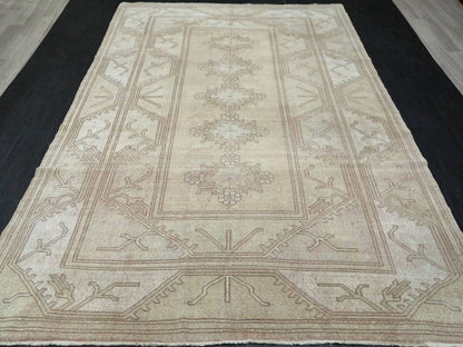 Muted Vintage RUG 6.4 x 9.4 TURKISH Rug Distressed Vintage  Rug Wool Oushak Rug Large Hand Made Rugs Vintage Turkish Rug 7x10