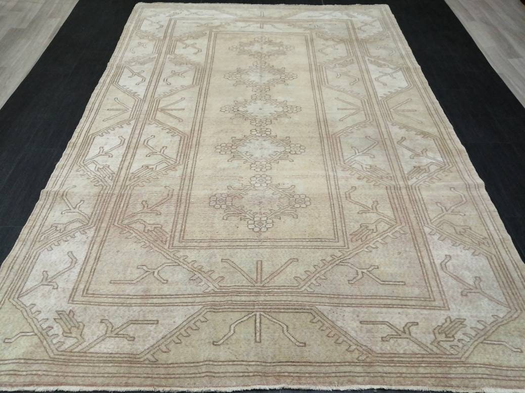 Muted Vintage RUG 6.4 x 9.4 TURKISH Rug Distressed Vintage  Rug Wool Oushak Rug Large Hand Made Rugs Vintage Turkish Rug 7x10