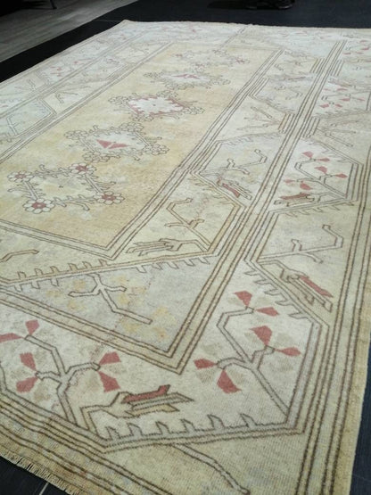 Muted Turkish Rug 9.4 x 6.7 Muted Oushak Rug Muted Vintage  Rug Wool Oushak Rug Hand Made Rugs Vintage Turkish Rug