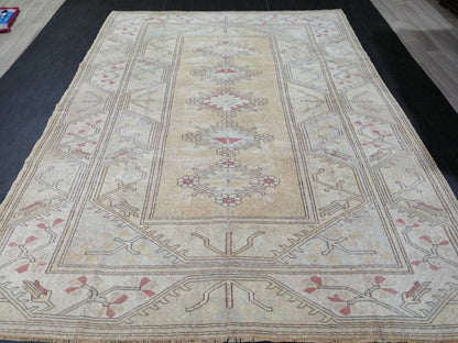 Muted Turkish Rug 9.4 x 6.7 Muted Oushak Rug Muted Vintage  Rug Wool Oushak Rug Hand Made Rugs Vintage Turkish Rug