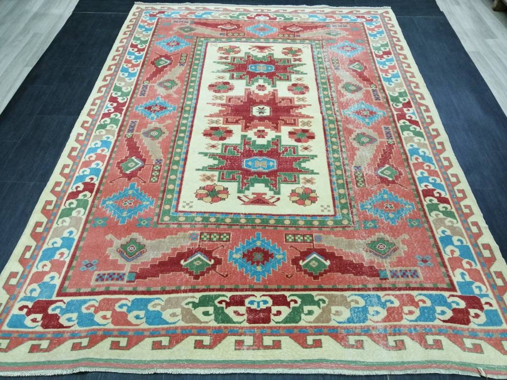 Vintage Rug 6.7 x 9 TURKISH HAND MADE Rug Vintage Turkish Rugs   Oushak Rug Turkish Oushak Rug, Vintage Oushak Rug, Wool Rug