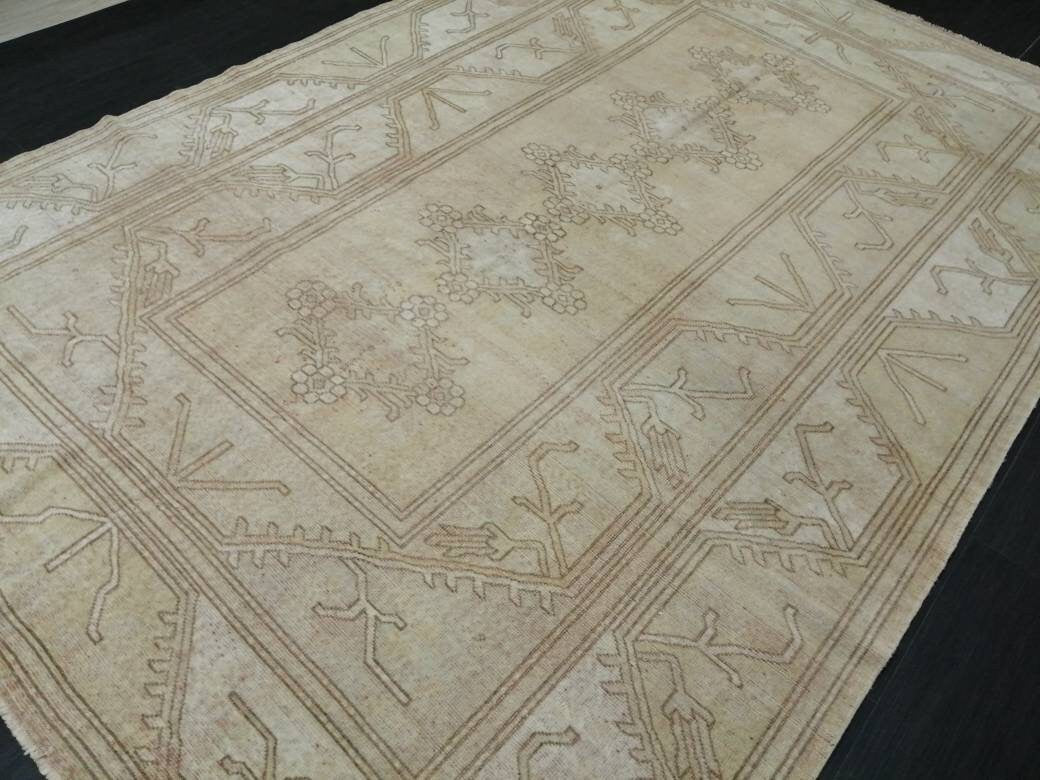 Muted Vintage RUG 6.4 x 9.4 TURKISH Rug Distressed Vintage  Rug Wool Oushak Rug Large Hand Made Rugs Vintage Turkish Rug 7x10