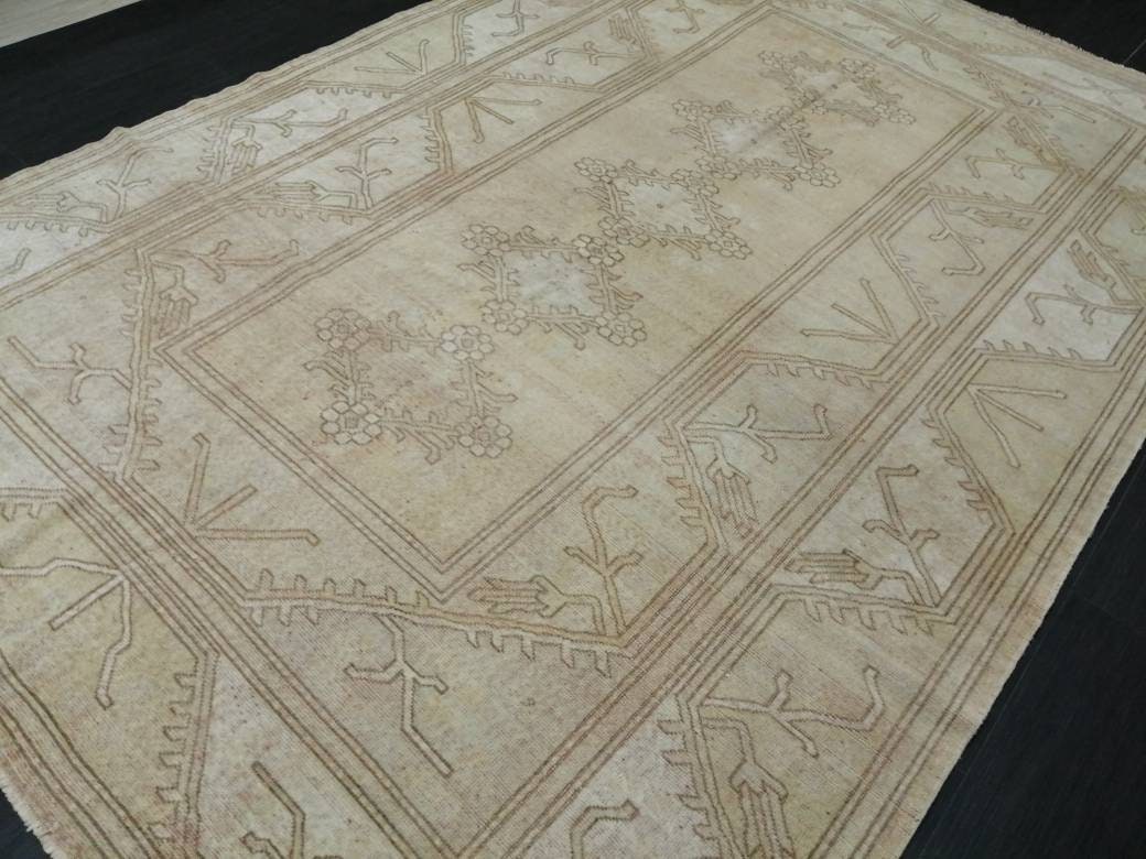 Muted Vintage RUG 6.4 x 9.4 TURKISH Rug Distressed Vintage  Rug Wool Oushak Rug Large Hand Made Rugs Vintage Turkish Rug 7x10