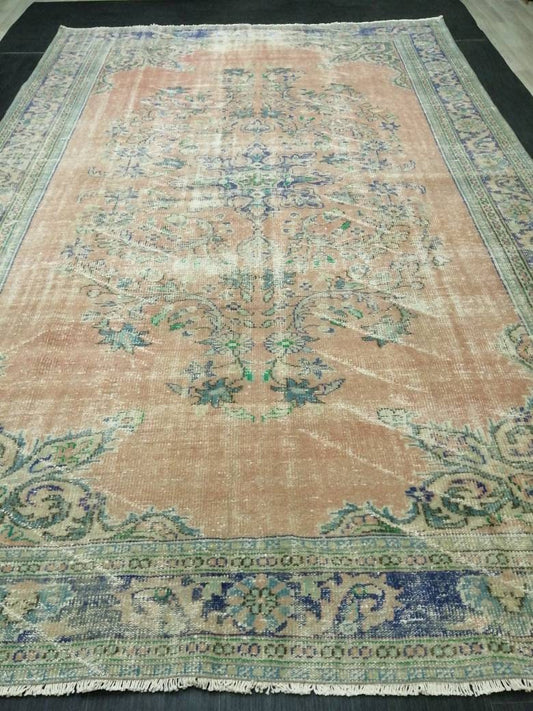 12 x 8 Turkish Rug, Oushak Rug, Muted Wool Rug, 8x12 Large Oushak Rugs,Rusty pink and Blue Orange Rug, Vintage Rug, Muted Hand Made Rug