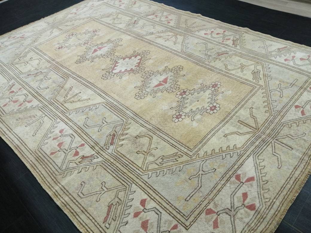 Muted Turkish Rug 9.4 x 6.7 Muted Oushak Rug Muted Vintage  Rug Wool Oushak Rug Hand Made Rugs Vintage Turkish Rug