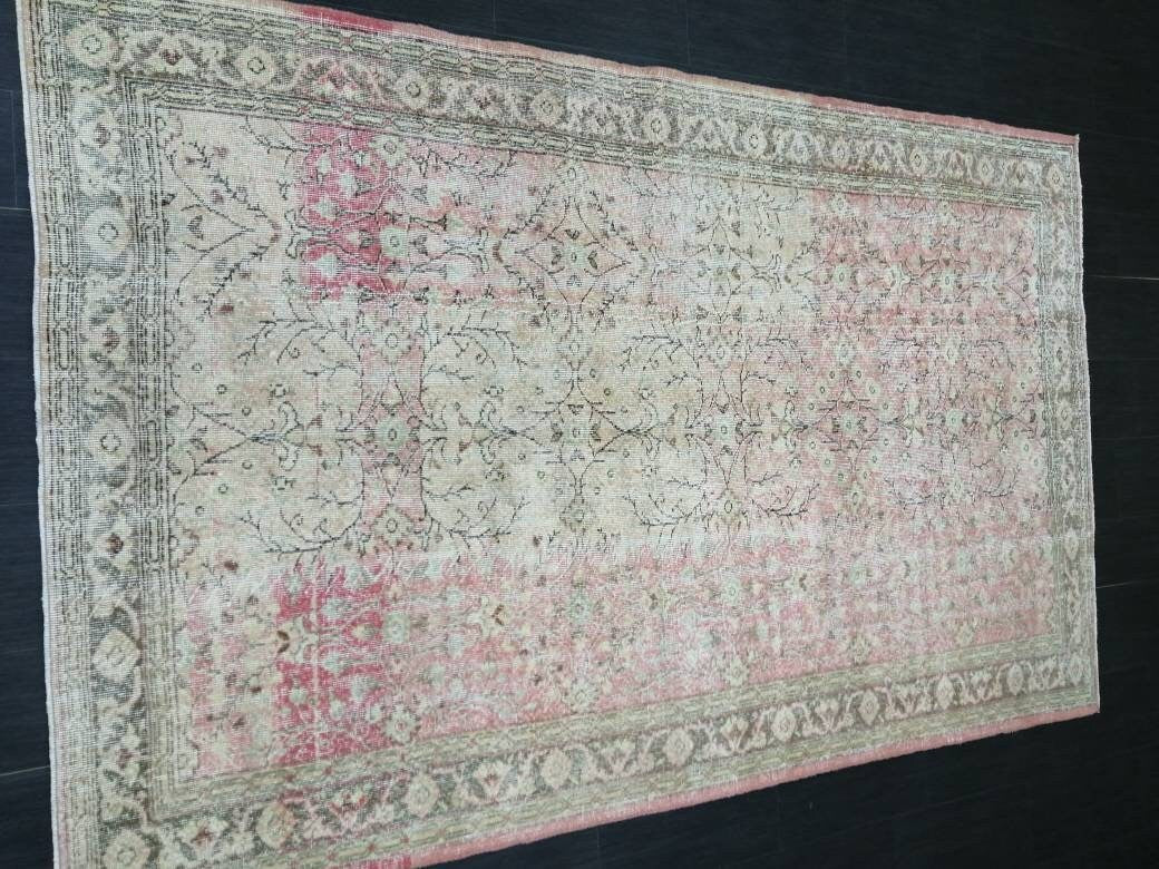 Pink Vintage RUG 9 x 5.7 TURKISH Rug Vintage Oushak Rug Vintage Rug Wool Oushak Rug Hand Made Rugs Vintage Turkish Rug 6x9 rug
