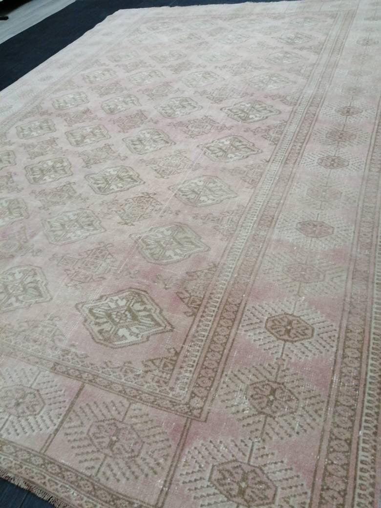 VINTAGE RUG 9 x 6.2 soft Pink Oushak Rug Vintage Light Pink Rug  Hand Knotted Rug Wool Oushak Rug Hand Made Rugs Vintage Turkish Rug