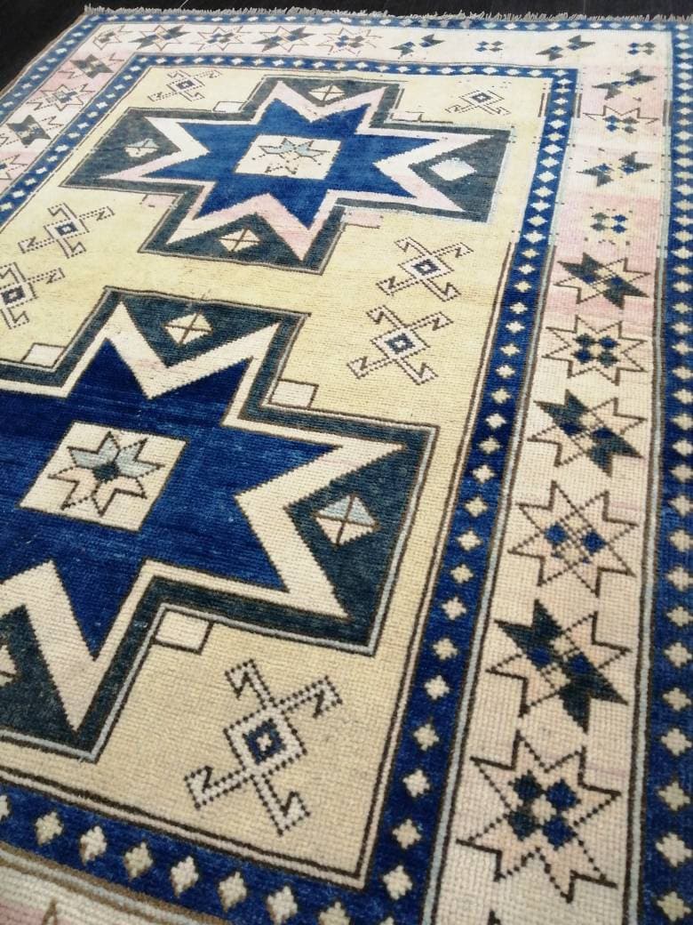 Blue and Pink OUSHAK RUG 6.5 x 4.6 TURKISH Oushak Rug Vintage Oushak Runner Rug Vintage Runner Rug Wool Oushak Rug Hand Made Rug