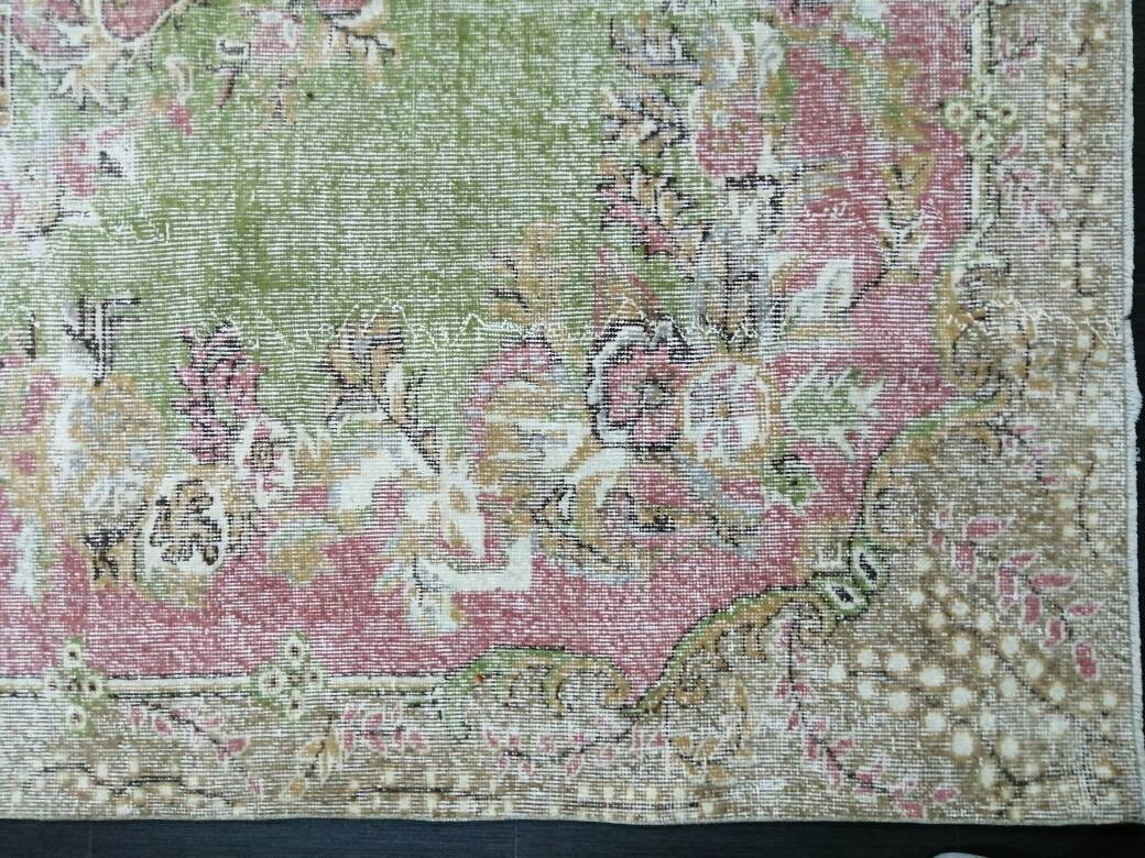 Oriental Rug 10 x 6.7 TURKISH Oushak Rug Vintage Antique Rug Vintage Green and Pink Rug Wool Distressed Rug Hand Made Rug