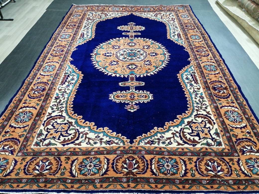 Navy High Wool Pile OUSHAK RUG 7 x 10.7 TURKISH Oushak Rug Vintage High Pile Oushak  Rug Vintage Rug Wool Oushak Rug Blue Rugs Persian Rug