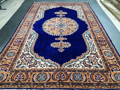 Navy High Wool Pile OUSHAK RUG 7 x 10.7 TURKISH Oushak Rug Vintage High Pile Oushak  Rug Vintage Rug Wool Oushak Rug Blue Rugs Persian Rug