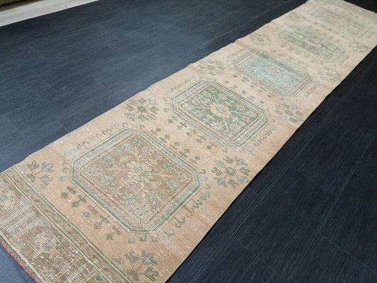 VINTAGE RUNNER Rug, Muted 2.5 x 11.4 Vintage Turkish Runner Rug, Oushak Runner Rug, Hand woven Rug, Oriental runner Rug