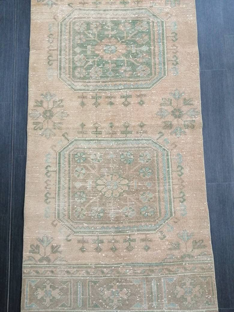 VINTAGE RUNNER Rug, Muted 2.5 x 11.4 Vintage Turkish Runner Rug, Oushak Runner Rug, Hand woven Rug, Oriental runner Rug