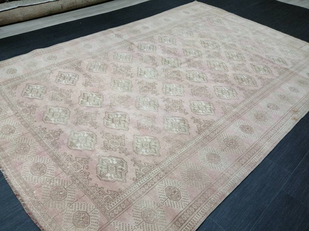 VINTAGE RUG 9 x 6.2 soft Pink Oushak Rug Vintage Light Pink Rug  Hand Knotted Rug Wool Oushak Rug Hand Made Rugs Vintage Turkish Rug