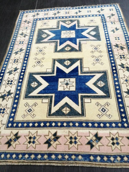 Blue and Pink OUSHAK RUG 6.5 x 4.6 TURKISH Oushak Rug Vintage Oushak Runner Rug Vintage Runner Rug Wool Oushak Rug Hand Made Rug