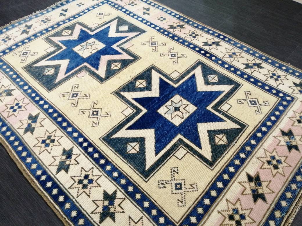 Blue and Pink OUSHAK RUG 6.5 x 4.6 TURKISH Oushak Rug Vintage Oushak Runner Rug Vintage Runner Rug Wool Oushak Rug Hand Made Rug