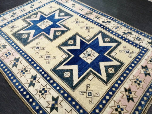 Blue and Pink OUSHAK RUG 6.5 x 4.6 TURKISH Oushak Rug Vintage Oushak Runner Rug Vintage Runner Rug Wool Oushak Rug Hand Made Rug