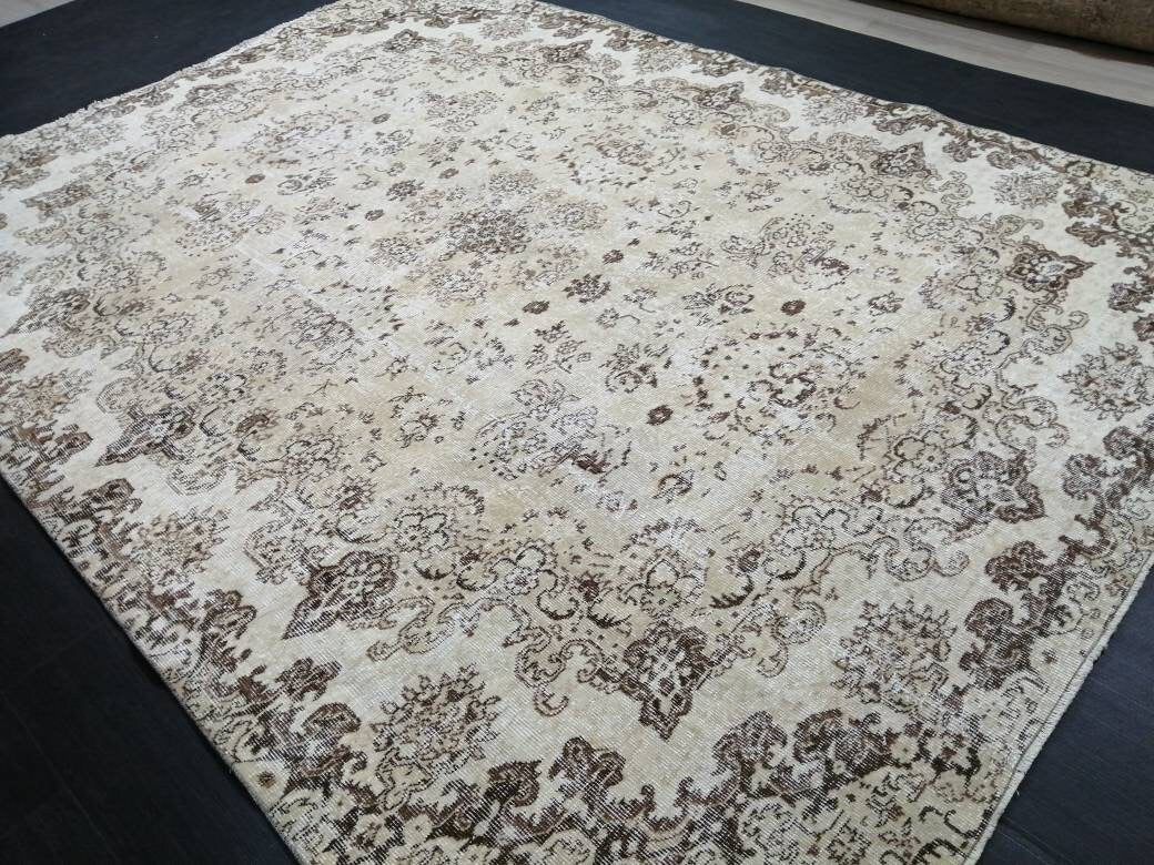 NEUTRAL Vintage RUG TURKISH Large Rug 9.5 x 7 Oushak Rug Vintage Oushak Rug Vintage Rug Muted Oushak Rug Hand Made Rug Vintage Neutral Rug