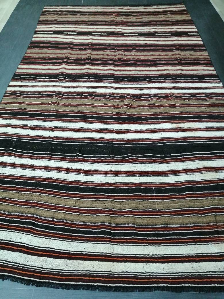6.7 x 12 Vintage Oriental Flat woven Rug, Turkish Flatweave Carpet ,Stripe Oushak Flatweaving,Handmade Rug,Farmhouse Rug, Black rug Dark rug