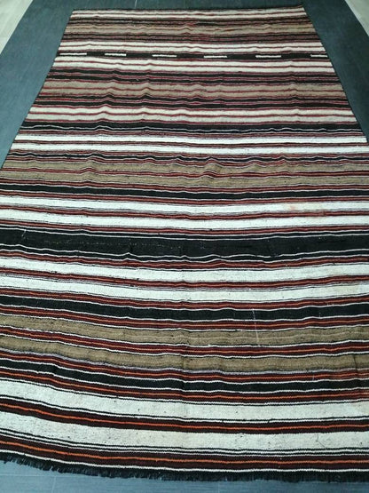 6.7 x 12 Vintage Oriental Flat woven Rug, Turkish Flatweave Carpet ,Stripe Oushak Flatweaving,Handmade Rug,Farmhouse Rug, Black rug Dark rug