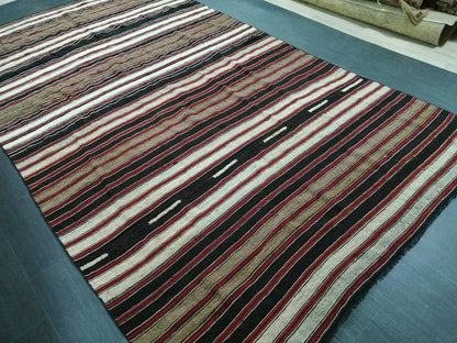 6.7 x 12 Vintage Oriental Flat woven Rug, Turkish Flatweave Carpet ,Stripe Oushak Flatweaving,Handmade Rug,Farmhouse Rug, Black rug Dark rug