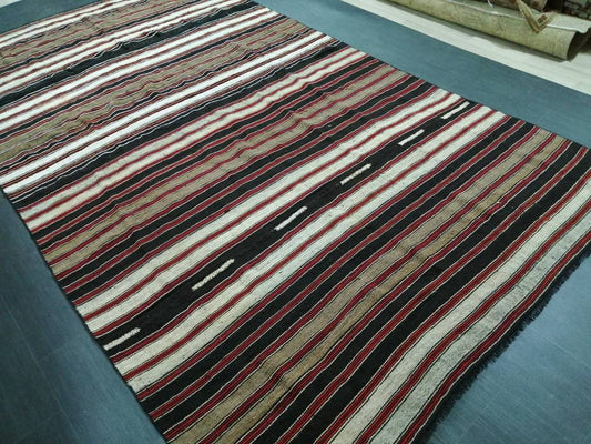 6.7 x 12 Vintage Oriental Flat woven Rug, Turkish Flatweave Carpet ,Stripe Oushak Flatweaving,Handmade Rug,Farmhouse Rug, Black rug Dark rug