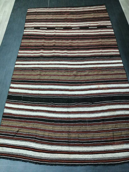 6.7 x 12 Vintage Oriental Flat woven Rug, Turkish Flatweave Carpet ,Stripe Oushak Flatweaving,Handmade Rug,Farmhouse Rug, Black rug Dark rug